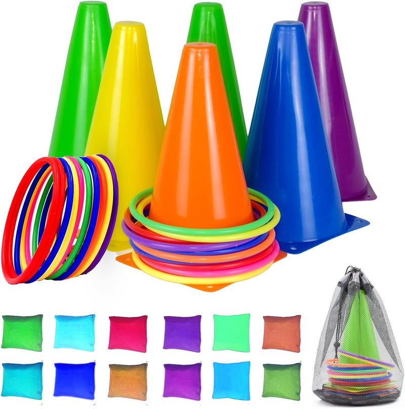 Circlecraft 31 Pcs. Plastic Cones and Rings Games Ring Toss Games for Adults, Carnival Games for Kids, Bean Bag for Kids Games Birthday Party, Yard Games, Sports & Outdoor Games for Family Party