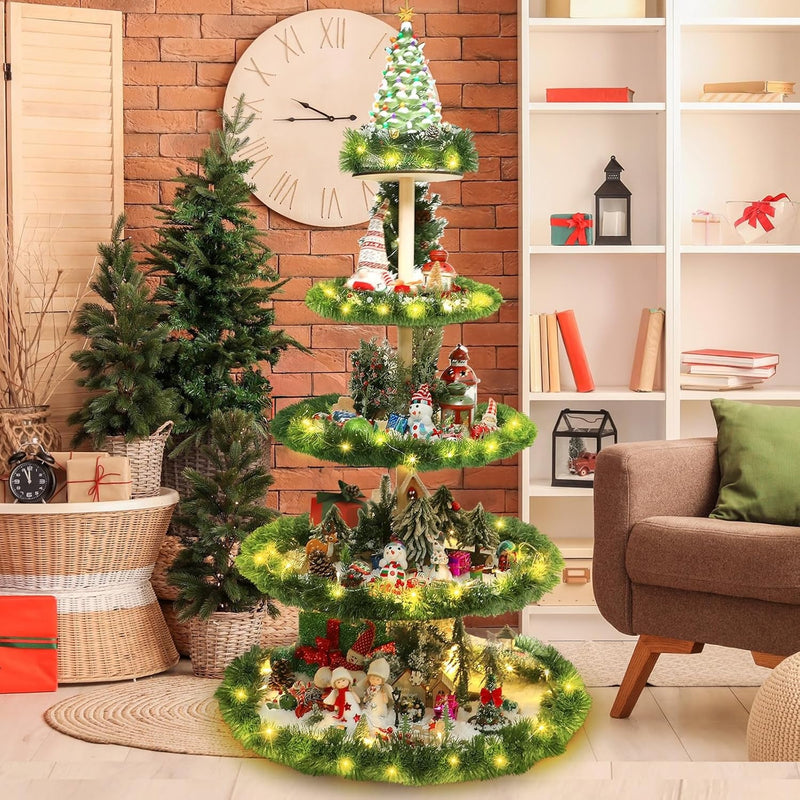 Barydat 5 Tier 59 Inches Christmas Tree Village Christmas Bookshelf Display Supplies Ornament Display Tree Stand Xmas Tree Wooden Holder Christmas Village for Holiday Display