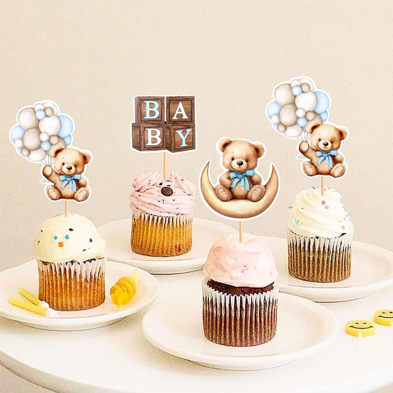 36 PCS Baby Shower Bear Cupcake Toppers Selection Baby Bear Theme Baby Shower Decorative Supplies Jungle Animal Theme Baby Shower Birthday Party Cake Decorative Supplies Blue