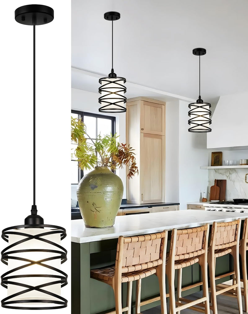 Black Pendant Lights for Kitchen Island, Industrial Farmhouse Pendant Light Fixtures with Seeded Glass Shade, Adjustable Spiral Iron Pendant Lighting for Foyer Hallway Dining Room Kitchen