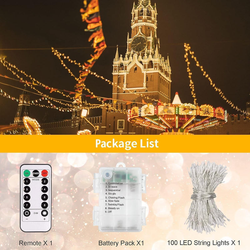 Echosari String Lights Battery Powered, 33Ft 100 LED Warm White Outdoor Fairy String Lights with Remote Dimmable Timer 8 Modes for Wedding Party Garden Decoration