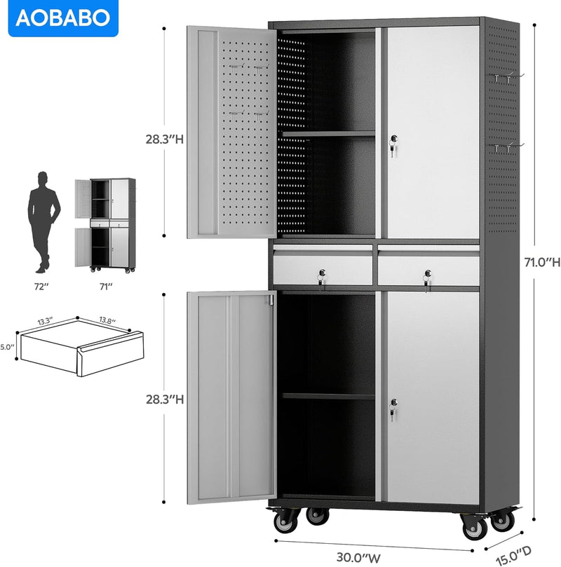 Aobabo Metal Storage Cabinet with Locking Doors and Pegboard,Steel Rolling Tool Storage Cabinet with 2 Drawer and Adjustable Shelves for Garage,Home, Office, Kitchen Assembly Required (Black Gray)