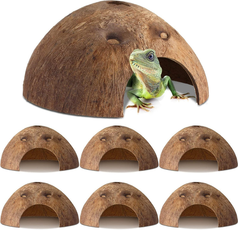 6 Pcs Coconut Shell Reptile Hideouts Hut Reptile Hides and Caves Coconut Hide for Reptile Small Animal Hide Cave Hut for Leopard Gecko Snake Aquarium Fish Lizard Hermit Crab Supplies House Accessories