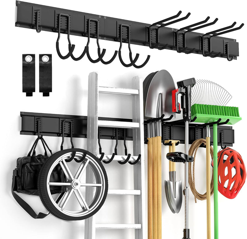 Garage Tool Organizer Wall Mount 11 PCS, Yard Garden Tool Organizer, Adjustable Garage Organizers with 8 Heavy Duty Hooks, Max Load 500Lbs Garage Storage for Garden Tools, Shovels, Trimmers, Hoses