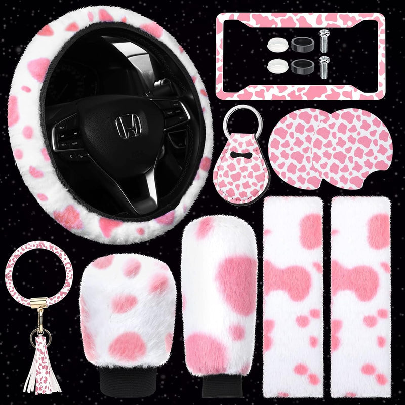 10 Pieces Cow Print Car Accessories Set Cow Fluffy Plush Steering Wheel Cover Shift Cover Handbrake Cover Pad Cup Seat Belt Pad Bracelet Key Chain License Ornament for Women Car Interior(Black)