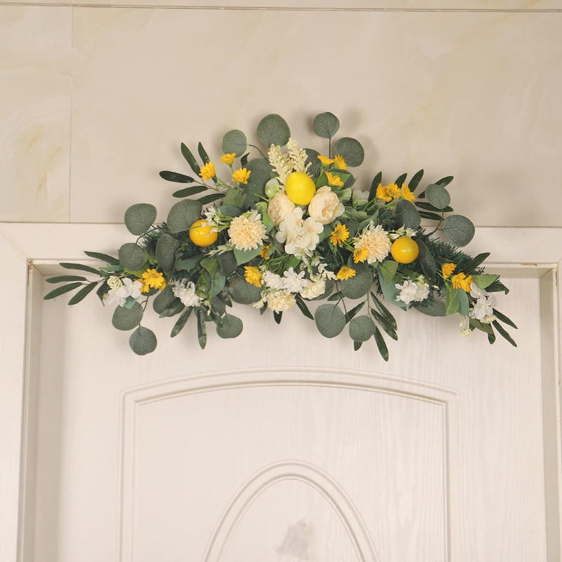 27.5In Artificial Flower Swag with Lemon Berry, Simulation Lemon Lintel Wreath Wall Hanging Lintel Garland, Spring Summer Fruit Floral Swag Wreath for Wedding Home Party Door Wall(With Light)