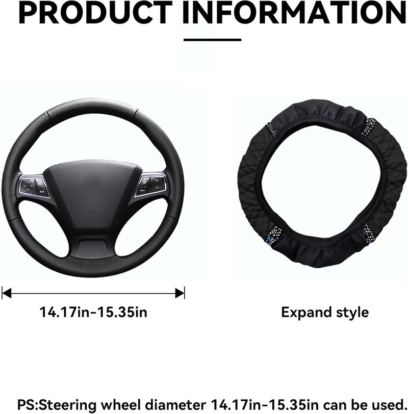 Bling Car Steering Wheel Cover, 15 Inch Rhinestones Soft Leather Elastic Steering Wheel Protector, Sparkly Crystal Diamond for Women Girls, Car Interior Accessories for Most Cars (Black)