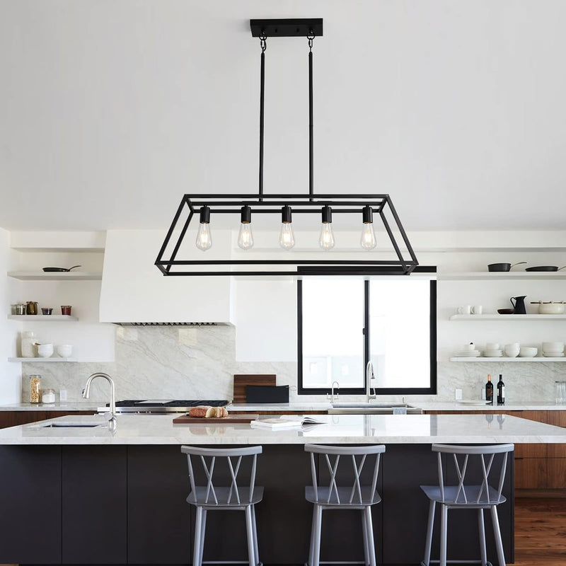 Black Kitchen Island Lighting, 5-Light Farmhouse Chandeliers, Modern Industrial Linear Rectangle Pendant Light Fixtures for Dining Room Kitchen Bar Foyer(Metal, E26 Base)