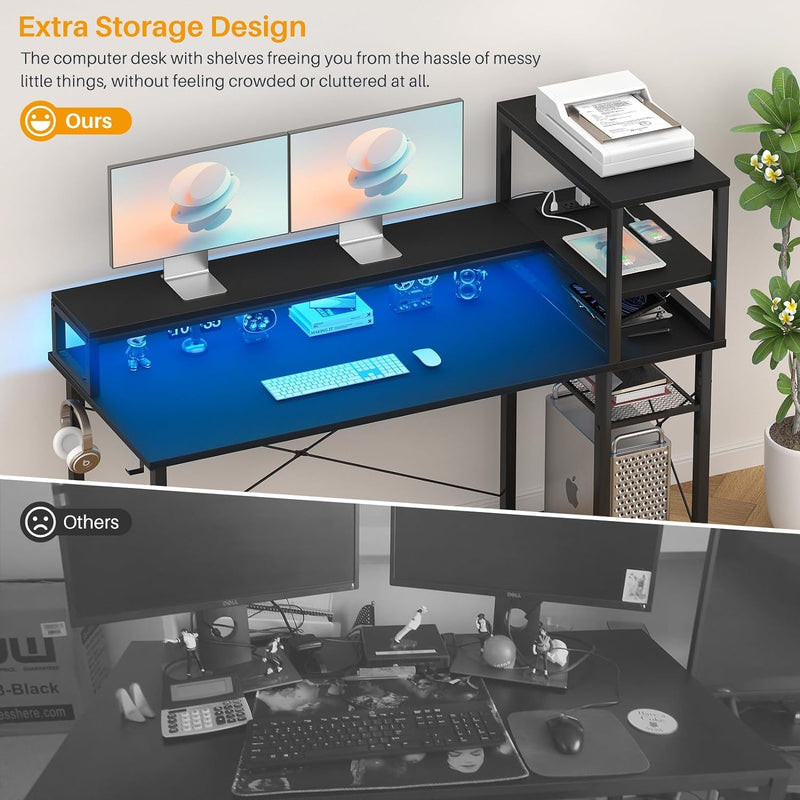 Cyclysio Gaming Desk 39", Computer Desk with Reversible Storage Shelves, Home Office Desk with Power Outlets & RGB Led Lights, Small Desk for Gaming, Studying, Working Black