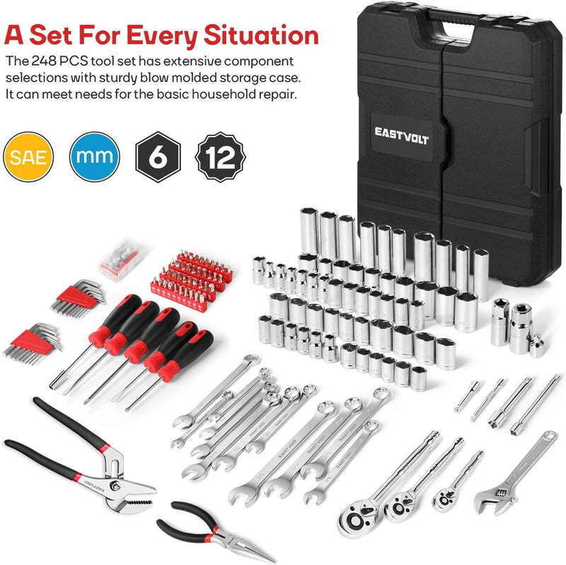 Eastvolt 248 Pieces Mechanics Tool Set, General Purpose Mixed Sockets and Wrenches, Hand Tool Set Auto Repair Tool Kit with Storage Case (EVHT24801)