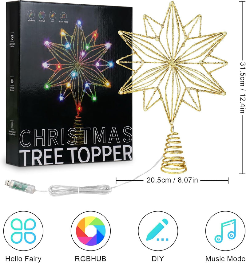 Christmas Star Tree Topper, RGB 8In Glittered Star Tree Topper Light with 20 LED Lights, Hollow Designed with USB Plug for Indoor New Year Holiday Tree Decoration