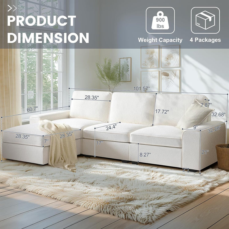 101" Modular Sectional Sofa Convertible L Shaped Couch with Storage Ottoman Chenille White Couch with Chaise Comfy Sectional Couches for Living Room Apartment Office