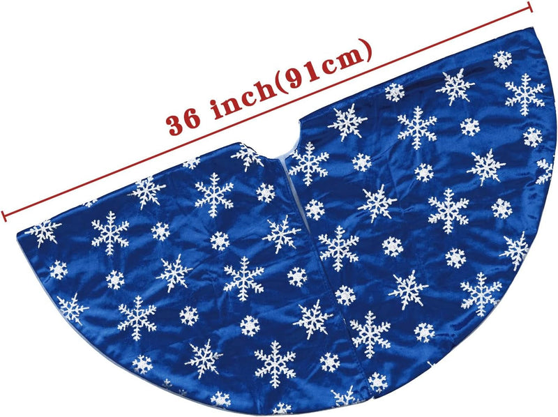 Christmas Tree Skirt, 36 Inches Blue Mercerized Velvet Skirt with Silver Sequin Snowflake for Rustic Xmas Tree Holiday Decorations