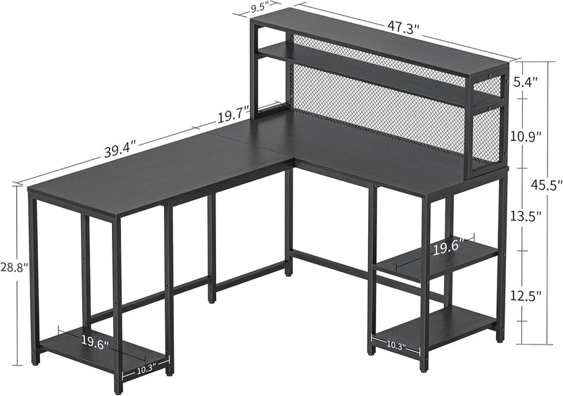 Cubicubi L Shaped Computer Desk with Hutch & Iron Mesh, 59 Inch Large Home Office Desk with Storage Shelves, Study Table Writing Desk Workstation, Black