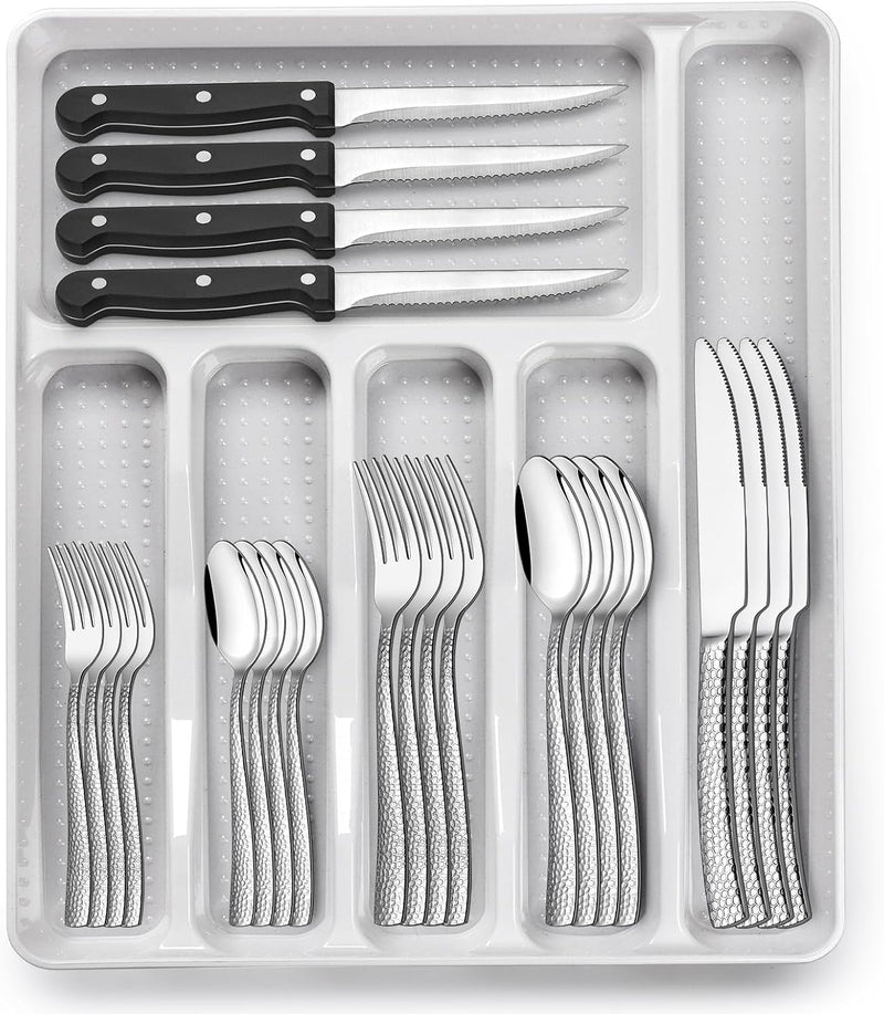 49-Piece Silverware Set with Organizer, Heavy Duty Stainless Steel Flatware for 8, Cutlery Utensil Sets with Steak Knives, Rust-Proof, Mirror Polished, Dishwasher Safe