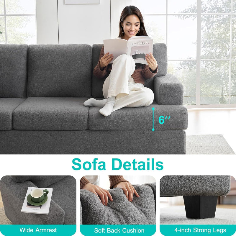 3-Seater Sofa Couch，Comfy Couch with Upholstered Cushions & Square Armrest,Modern Sofa with Deep Seats, Bouclé Home Sofa Couches for Living Room,Apartment,Bedroom,Office(Grey)