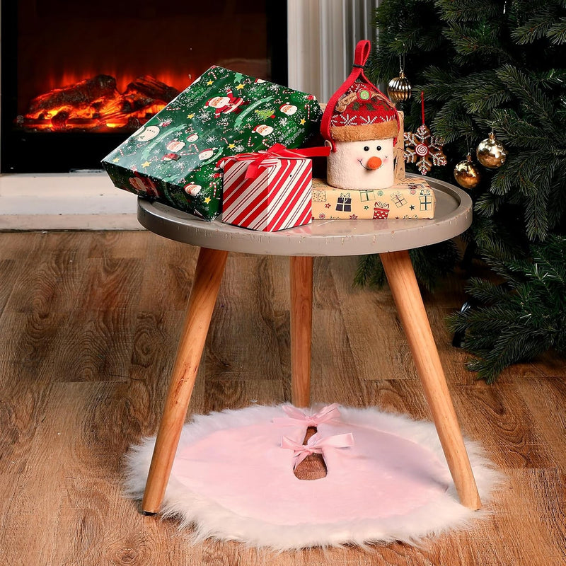 Faux Fur Christmas Tree Skirt Plush Xmas Tree Skirts for Christmas Holiday Decorations (Pink and White, 31.5 Inch)