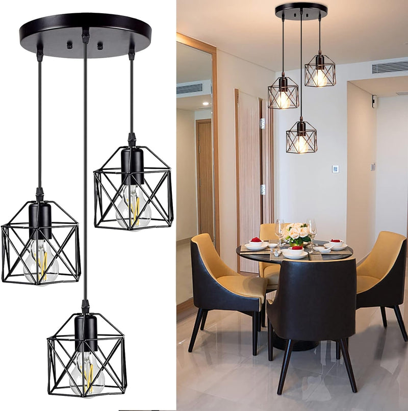 DLLT 3-Light Industrial Pendant Light, Black Metal Cage Hanging Chandelier Lights with Glass Shade, Vintage Style Flush Mount Swag Lighting Fixture for Kitchen/Dining Room/Hallway/Bedroom, E26 Base