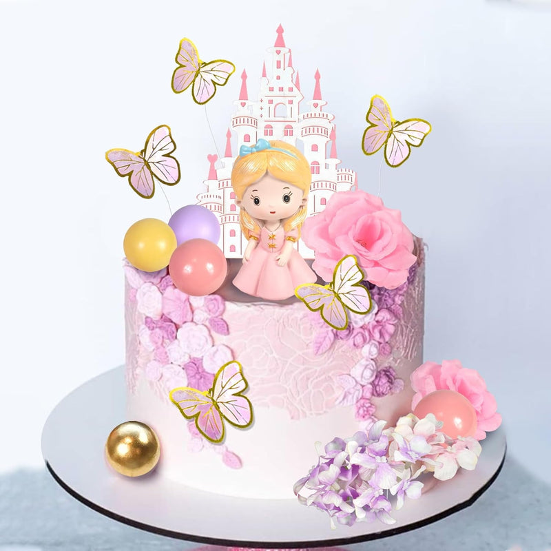 39 PCS Princess Cake Topper Castle Cake Decoration with Butterflies Artificial Flowers and Balls for Girls Kids Happy Birthday Party Decorations Princess Baby Shower Supplies (Pink and Purple)