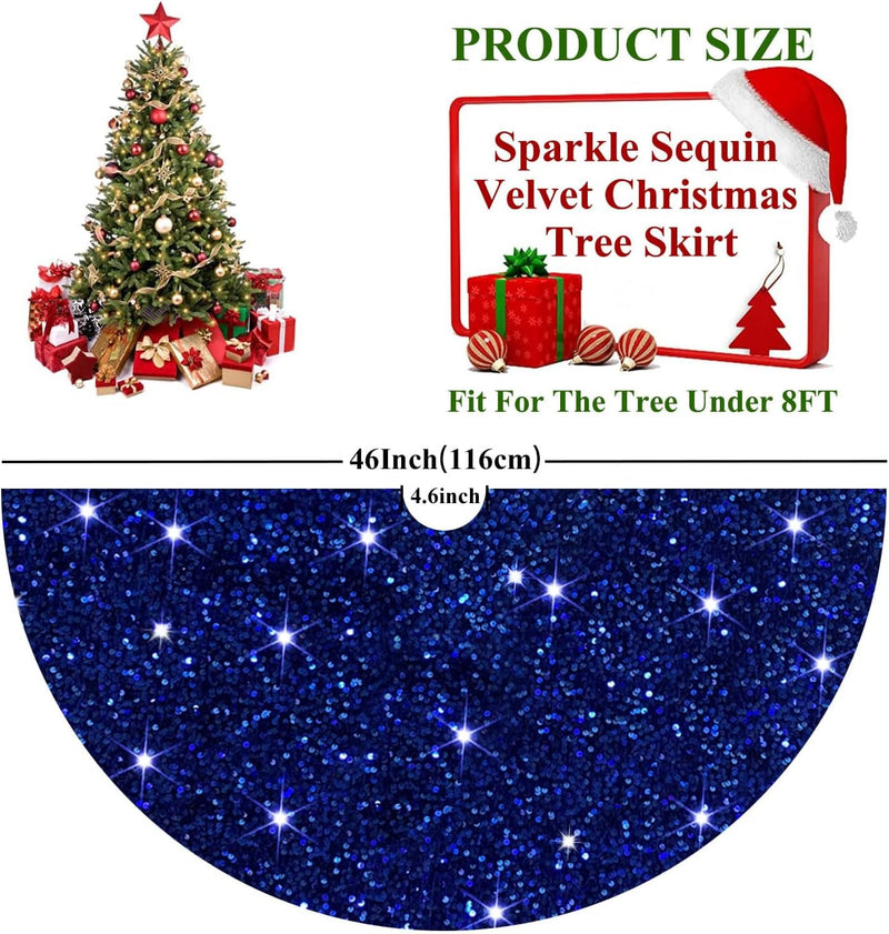 46 Inch Sequin Tree Skirt Christmas Royal Blue Velvet Tree Mat Xmas Tree Cover for Christmas Tree Decorations Rustic Fall Tree Dress Skirt Halloween Thanksgiving Ornaments