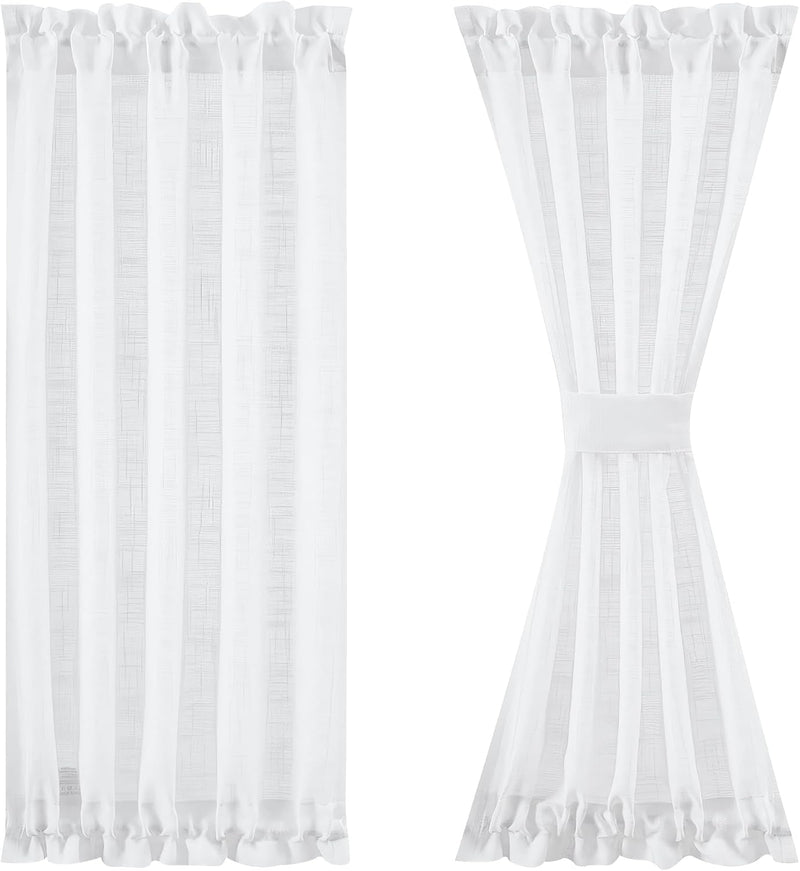 FMFUNCTEX Sheer Linen French Door Curtains White 72 Inches Long Linen Textured Front Glass Door Panel Curtain Solid Privacy Sliding Door Curtain Set Tiebacks Attached 50 Inches Wide 1 Panel