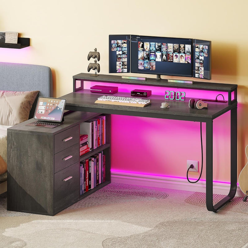 DWVO L Shaped Desk with Drawers, 55" Corner Computer Desk with Power Outlets & LED Lights, Home Office Desk with File Cabinet, Grey