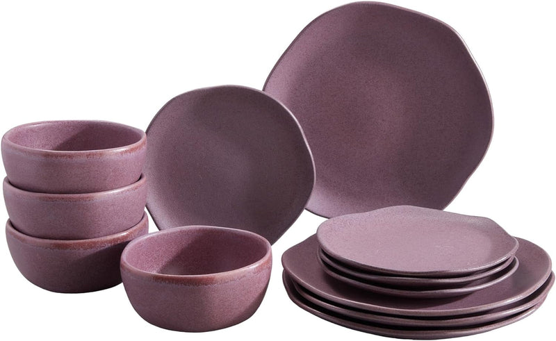 Corona Dinnerware Set 12–Piece, Plates and Bowls Set, Ceramic Sets for 4, Microwave and Dishwasher Safe, Gulupa Reactive Glaze, Bold & Matte Set.