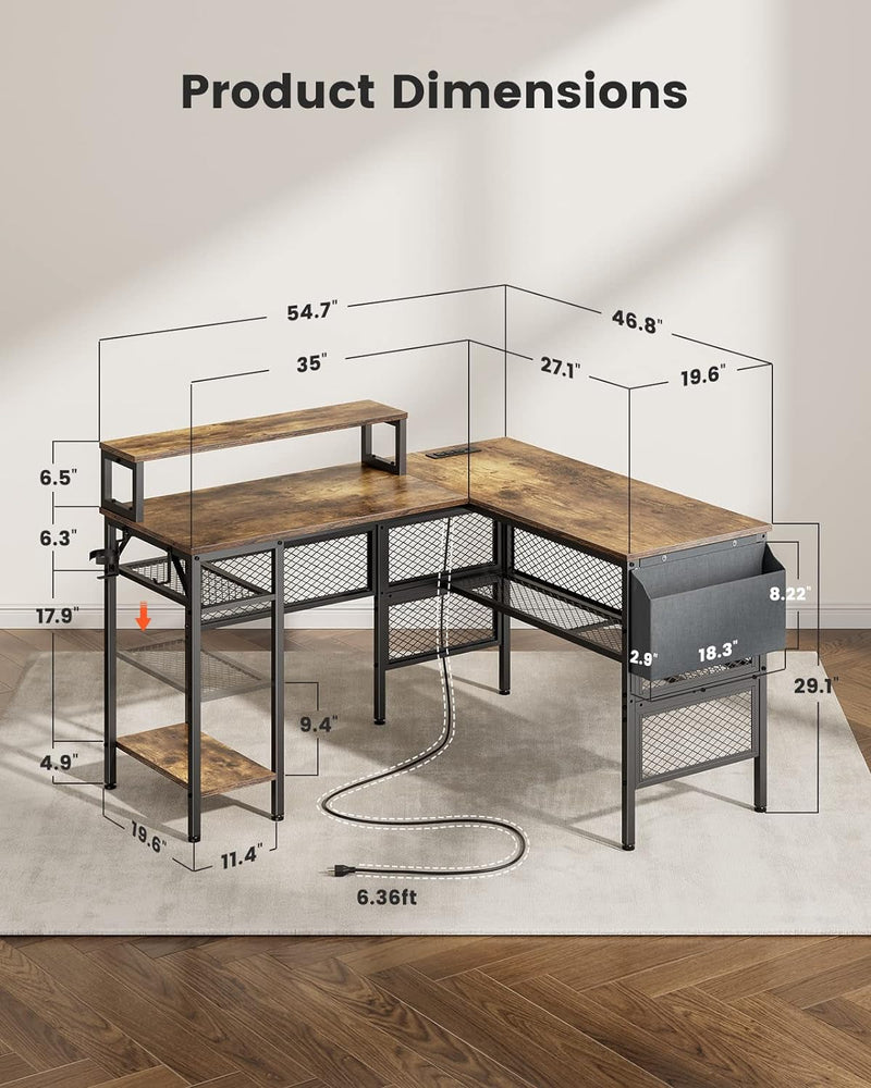 Ergear L Shaped Computer Desk with USB Charging Port and Power Outlet, 55 Inch Corner Desk with Storage Shelves, 2 Person Long Gaming Table Modern Home Office Desk