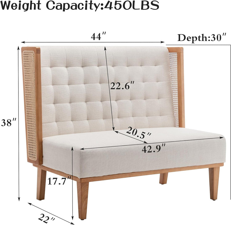 Andeworld Loveseat Settee Bench with Rattan Arms, Upholstered Modern Mini High-Back Sofa Couch,Banquette Dining Bench for Living Dining Room Bedroom Office Small Space Entryway，Beige