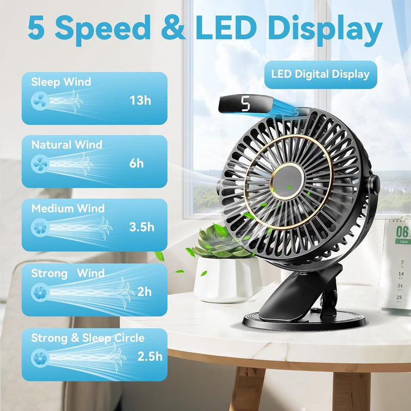 5 Speeds Clip on Fan Rechargeable - Mini USB Portable Desk Fan with Clip, LED Display Powerful Silent Table Fan, 720°Flexible Rotation for Bed, Home, Stroller, Sport, Camping (Black)