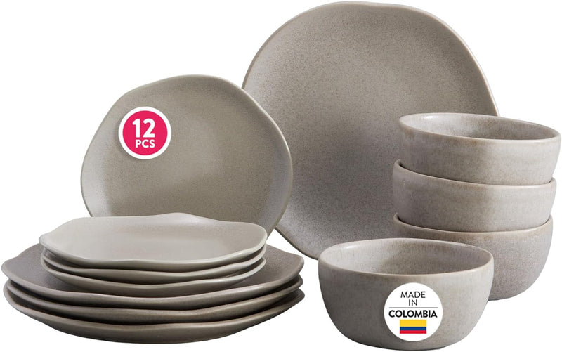 Corona Dinnerware Set 12–Piece, Plates and Bowls Set, Ceramic Sets for 4, Microwave and Dishwasher Safe, Gulupa Reactive Glaze, Bold & Matte Set.