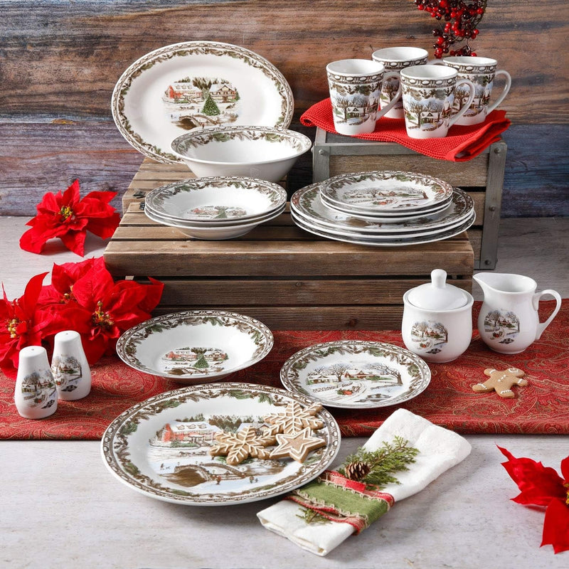 Gibson Home Christmas Toile 16 Piece Dinnerware Set, Multicolor -