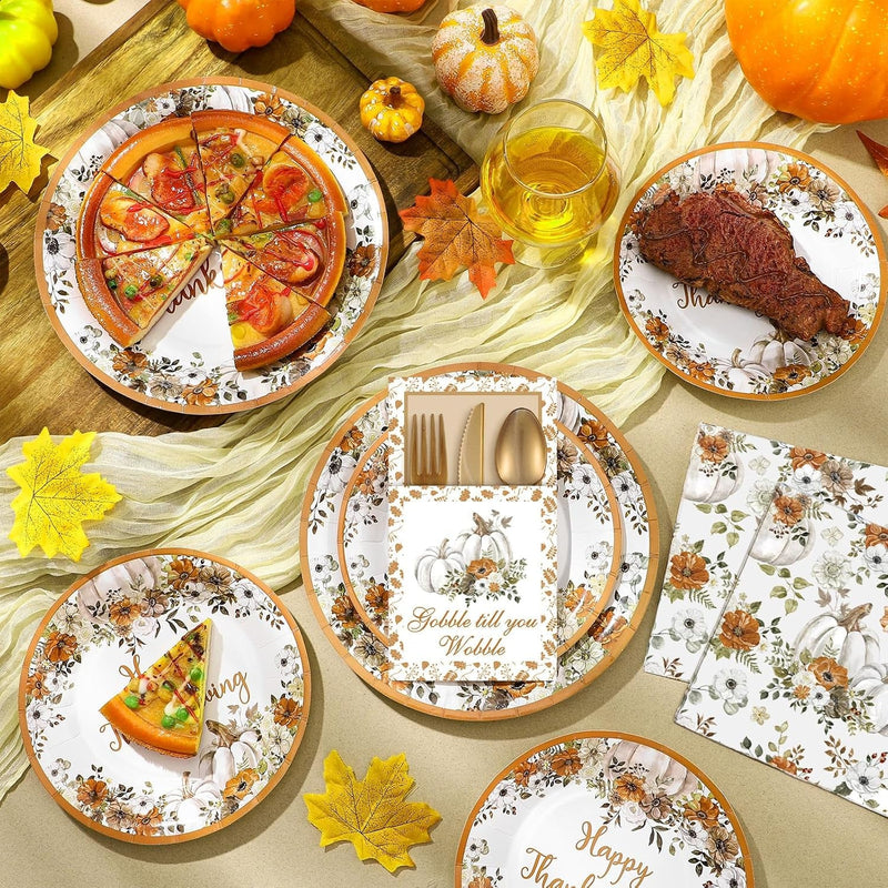 264 Pcs Thanksgiving Plates Napkins Disposable Cutlery Holder Set Thanksgiving Centerpieces for Table Decoration Dinner Autumn Leaves Fall Harvest Wedding Decoration