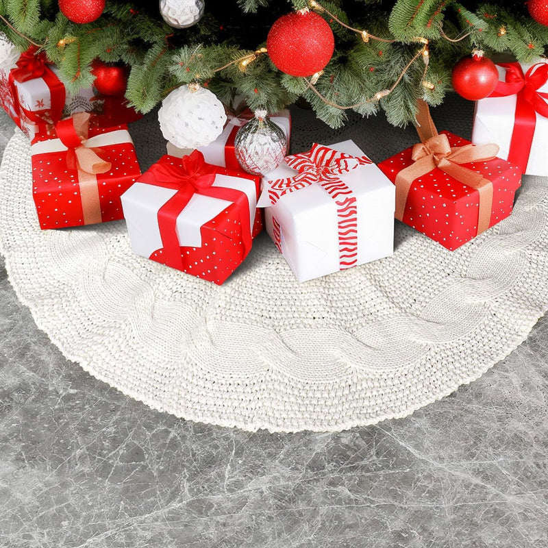 GMOEGEFT Christmas Tree Skirt 24 Inches Cable Knitted Thick Knit White Tree Skirts for Xmas Decor Holiday Decoration (White, 24 In)