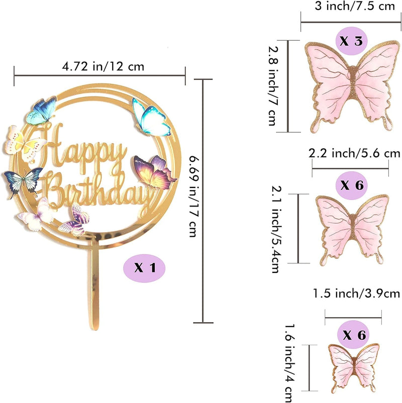 Butterfly Cake Toppers Decorations - 1 Big Happy Birthday Cake Topper & 15Pcs 3D Pink Gold Cupcake Toppers - Party Supplies for Decorating Baby Shower Girl'S Birthday