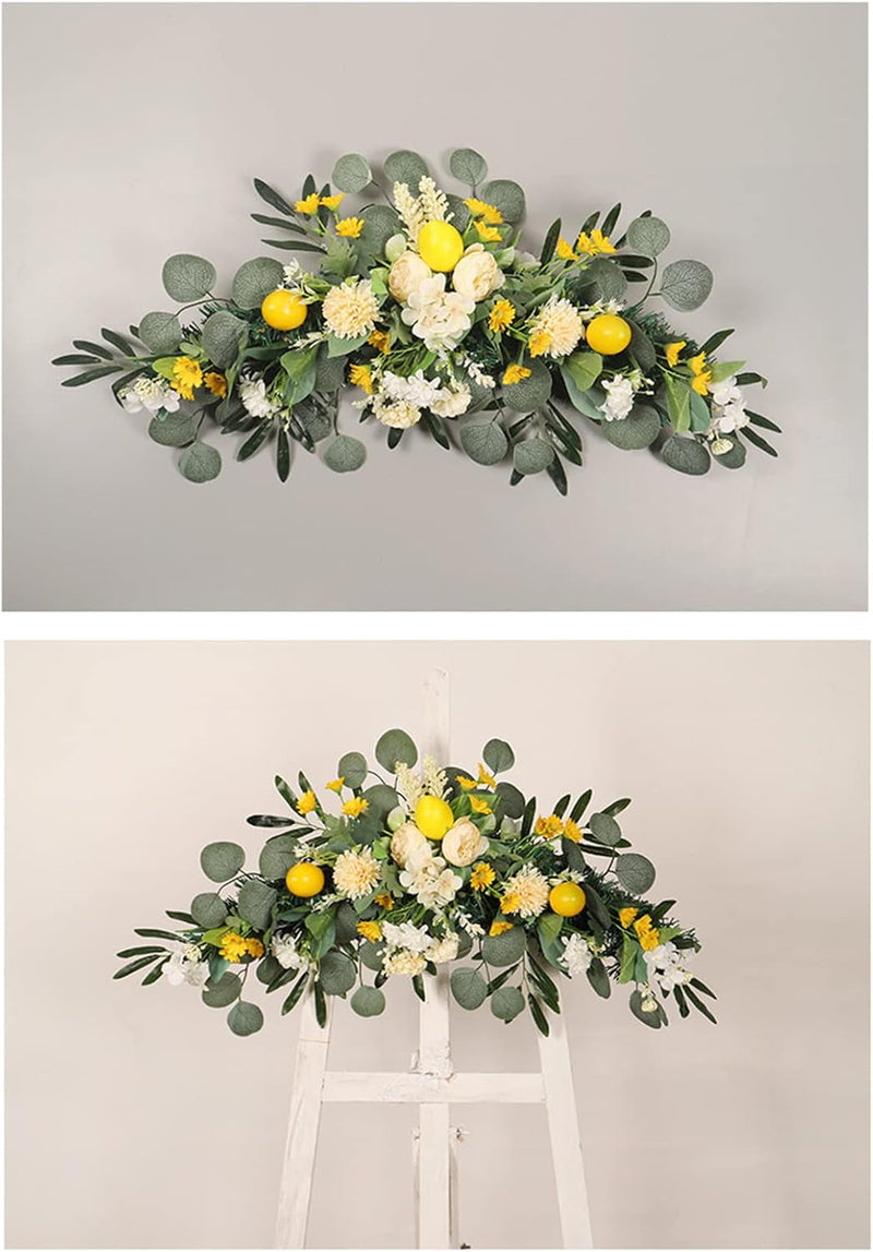 27.5In Artificial Flower Swag with Lemon Berry, Simulation Lemon Lintel Wreath Wall Hanging Lintel Garland, Spring Summer Fruit Floral Swag Wreath for Wedding Home Party Door Wall(With Light)