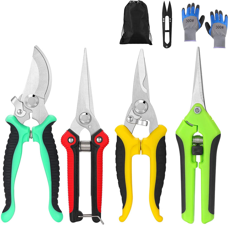 5 Pack Garden Pruning Shears Stainless Steel Blades, Handheld Scissors Set with Gardening Gloves,Heavy Duty Garden Bypass Pruning Shears,Tree Trimmers Secateurs, Hand Pruner (Multi-Color)