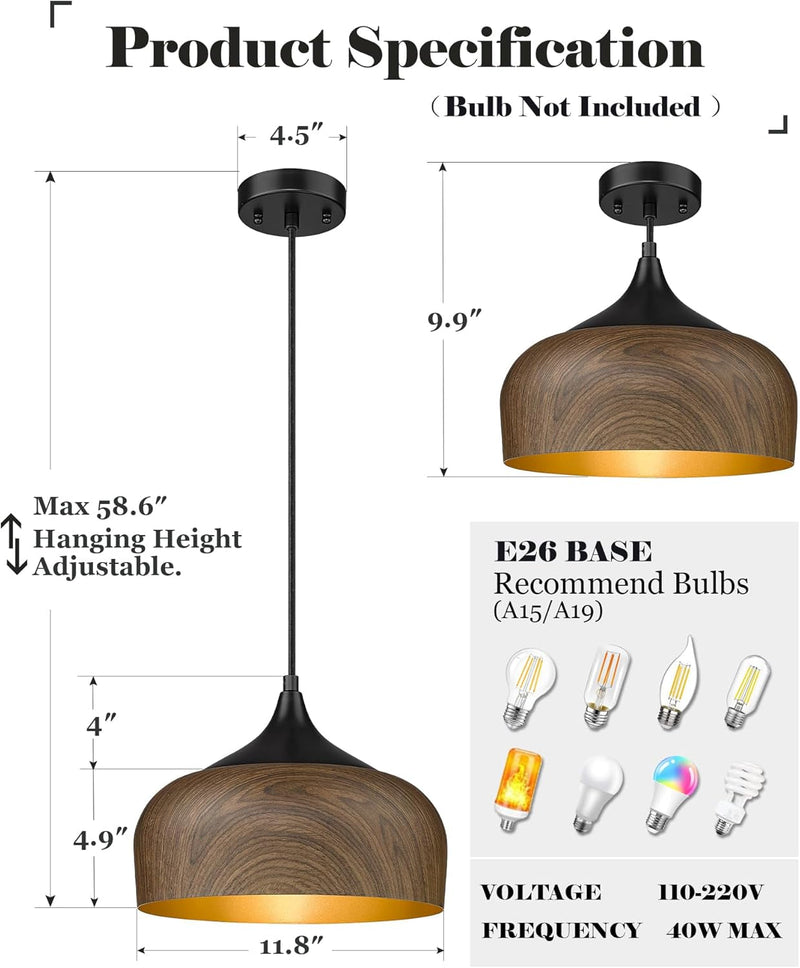 ELYONA Modern Pendant Light Walnut Wooden Pattern Dome Pendant Light Fixture Matte Black Metal Gold Inner Finish Adjustable Hanging Lighting for Kitchen Island Dining Room Office Hallway Foyer Bedroom