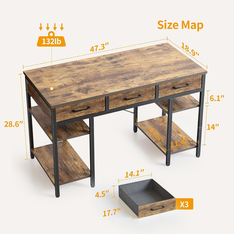 Cubicubi 47 Inch Computer Desk with 3 Drawers and Storage Shelves, Small Home Office Desk, Study Writing Table, Simple Desk for Bedroom, Rustic Brown