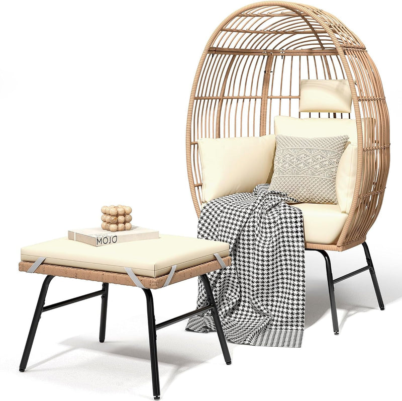 DWVO Outdoor Egg Chair with 2-In-1 Footrest, Patio Wicker Basket Chair with Ottoman, Indoor Egg Chairs with Cushion, Boho Cocoon Chair for Outside, Bedroom, Brown