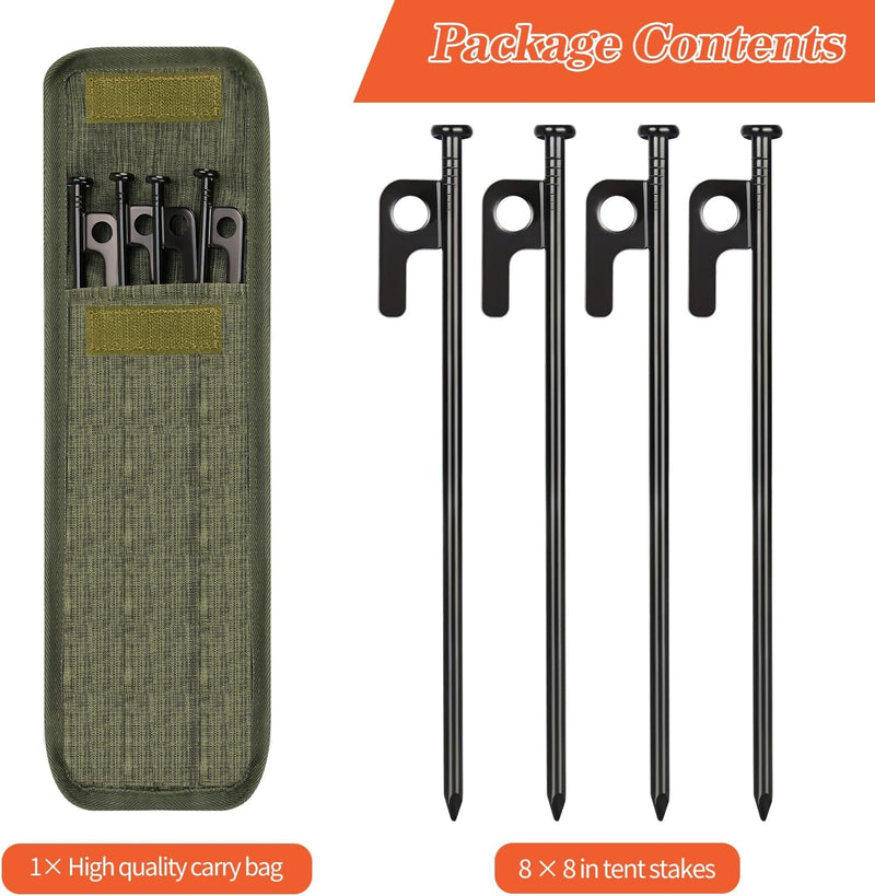 8/16/32 Pack Tent Stakes, 8In Heavy Duty Tent Stakes with Storage Bag, Forged Steel Tent Pegs for Camping(8 Pack 8In Tent Stakes)