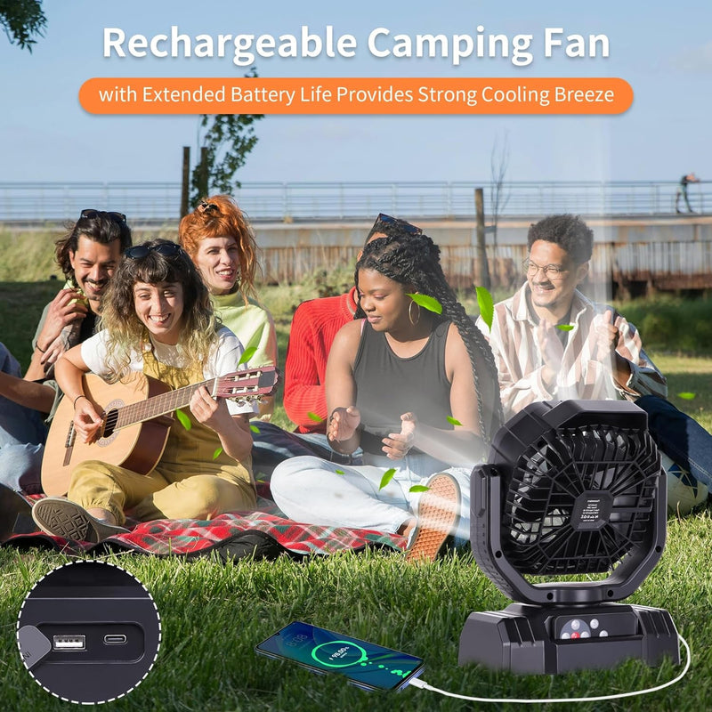 AVV High Speed Portable Camping Fan Rechargeable Fan, Beach Fan with Remote Control, Battery Powered Fan with Auto Oscillating Outdoor Fan with Camping Essentials Accessories for Patio, Tent, Black