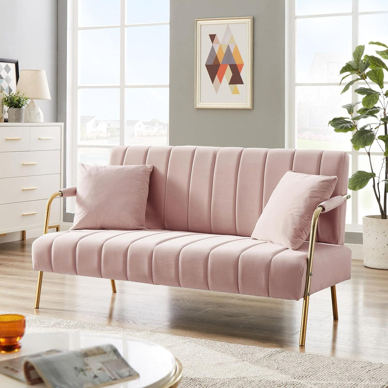 Australian Cashmere Fabric Sofa Comfort Upholstered with 2 Pillows and 4 Metal Legs, 60.63 Loveseat Couch for Living Room, Bedroom (Pink)