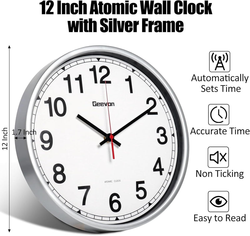 Geevon 12 Inch Atomic Analog Wall Clock, Sets Automatically Wall Clock Battery Operated, Easy to Read Atomic Clock for Kitchen/School/Classroom/Living Room (Silver Frame)