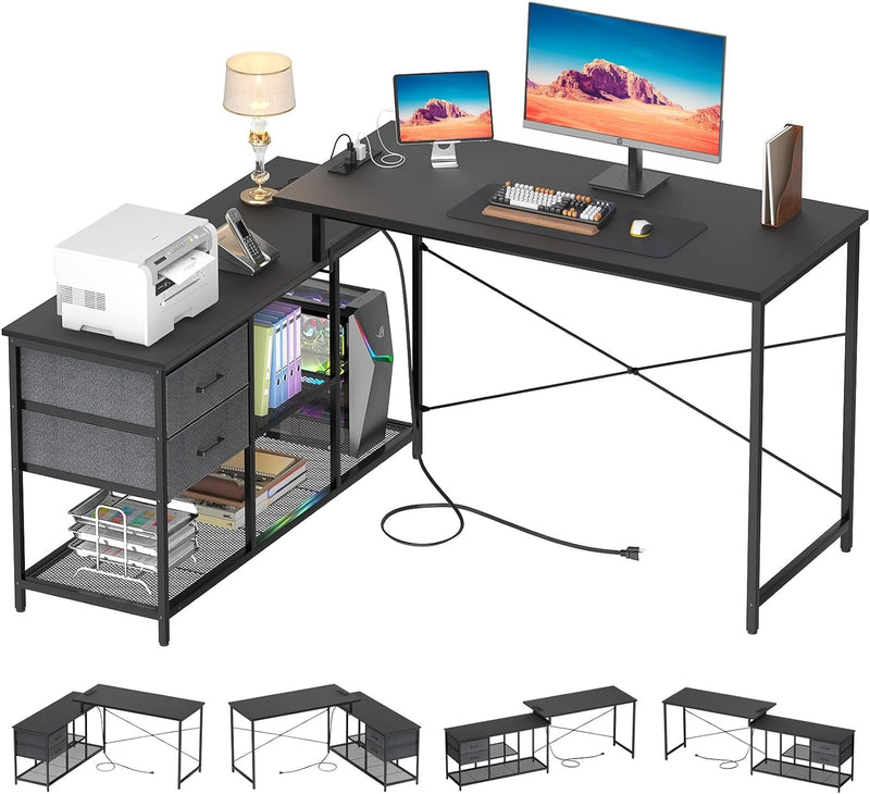 Homieasy Reversible L Shaped Desk with Power Outlet, Corner Computer Desk with Drawers and Storage Shelves, L-Shaped Long Home Office Desk Study Writing Desk Gaming Desk, Grey Oak