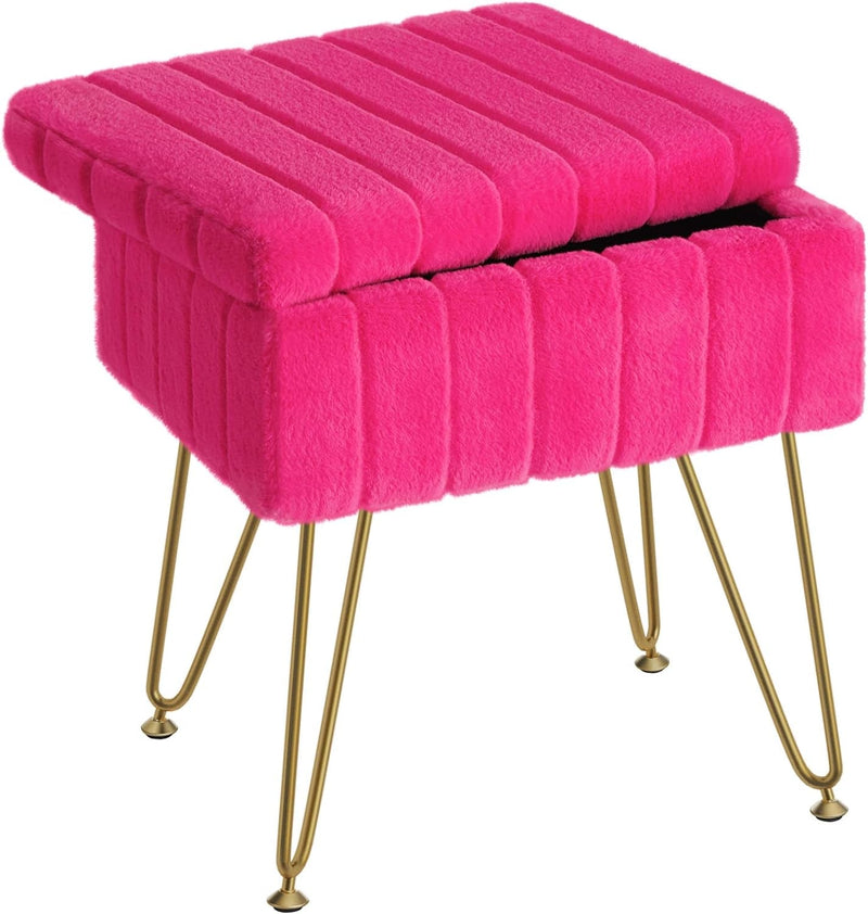 Greenstell Vanity Stool Chair Faux Fur with Storage, 15.7"L X 11.8"W X 19.4"H Soft Ottoman 4 Metal Legs with Anti-Slip Feet, Furry Padded Seat, Modern Multifunctional Chairs for Makeup, Bedroom Pink