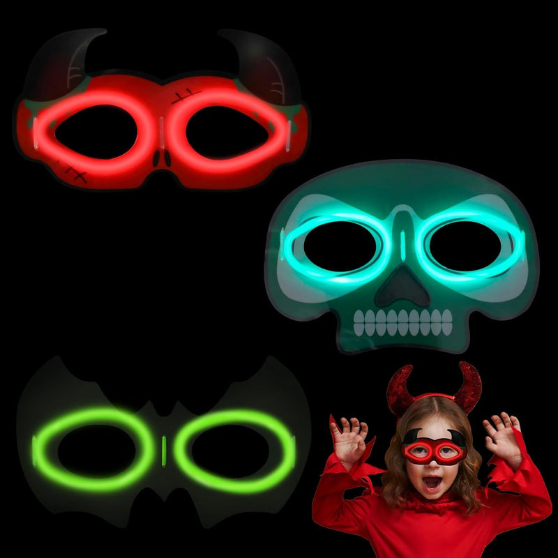 DERAYEE 3Pcs Halloween Costume Mask for Kids, Skeleton Bat Devil Halloween Eye Mask with 6 Glow Sticks Glow in the Dark Party Supplies for Kids Costume Cosplay Halloween Party Favor Supplies