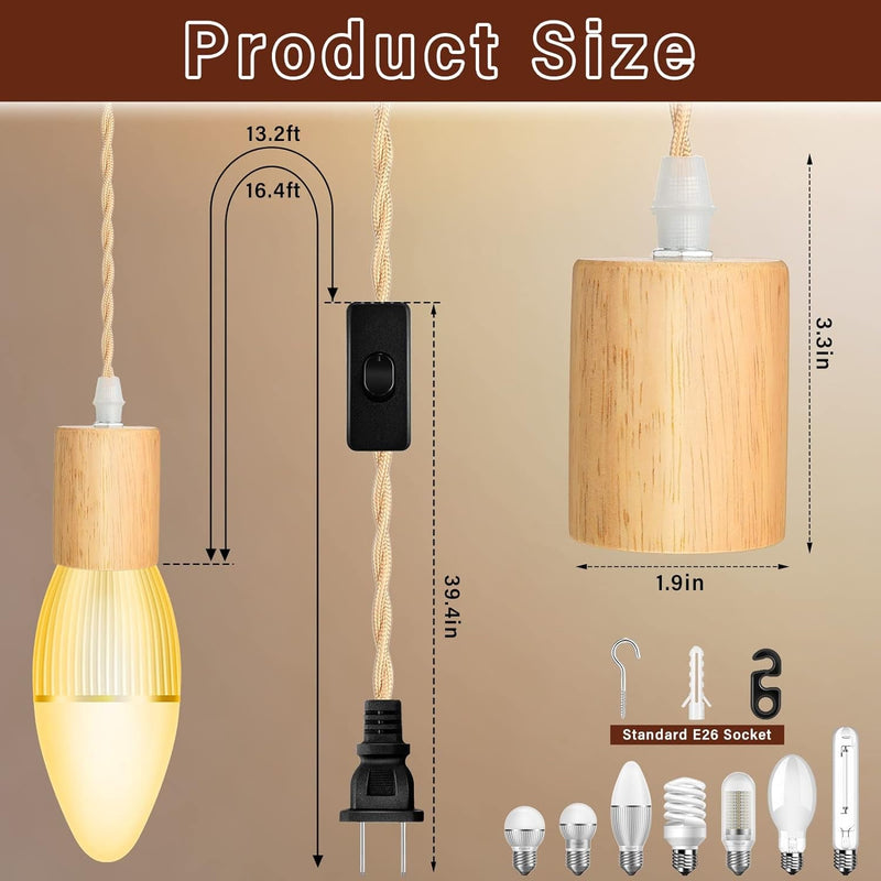 4 Pcs Wood Pendant Light Cord Kit with Switch 16.4FT Vintage Industrial Hanging Light Plug in Lamp Cord with Twisted Nylon Rope Pendant Lights Socket E26 for Home Farmhouse Lamp Cable DIY