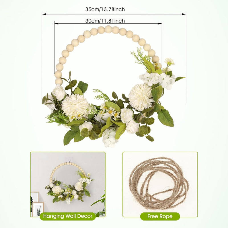 Fenteer Wedding Artificial Flower Wreath Wood Bead Garland Door Hanging Wooden Beads Hoop Decor for Holiday Valentine'S Day Party Wedding Wall Home Decor, White