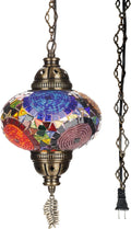 DEMMEX Authentic Turkish Plug in Pendant Light, 6.5" Big Size Globe, Made in Turkey, Turkish Moroccan Mosaic Ceiling Hanging Pendant Light Fixture Lamp, Swag Plug in with 15Ft Cord and Chain